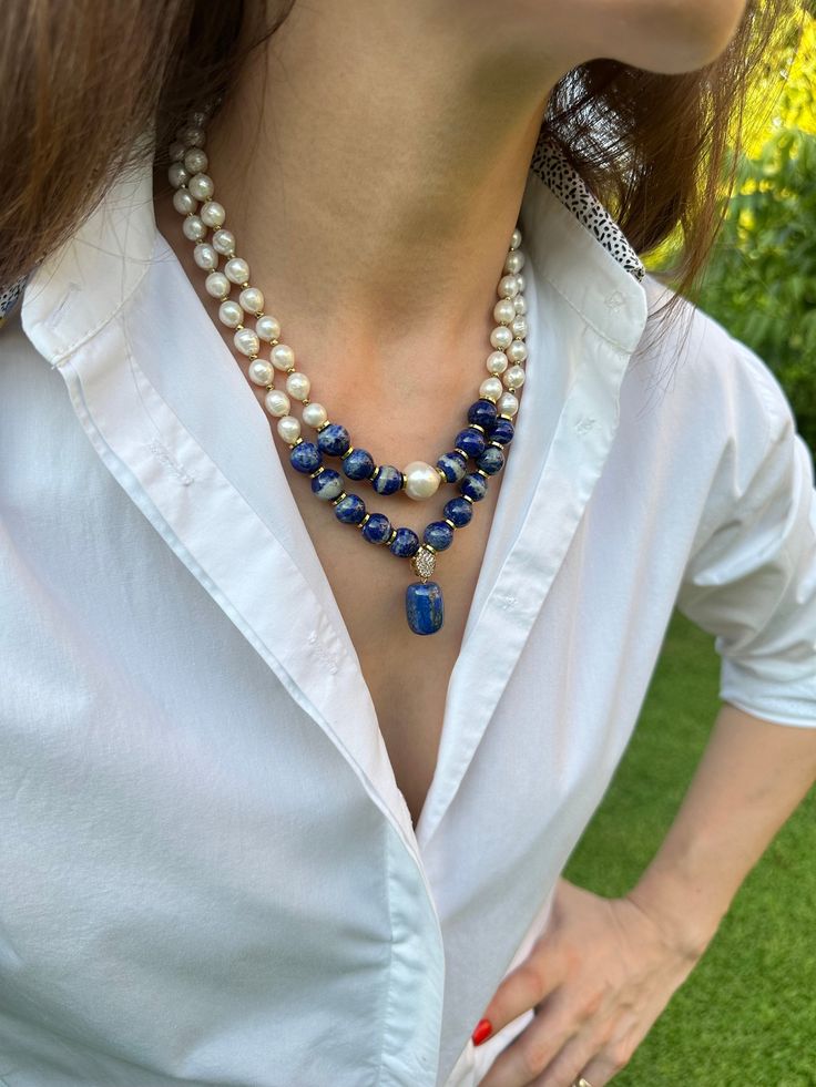 Blue Stones Jewelry, Necklace With Pearls, Blue Statement Necklace, Unique Anniversary Gifts, Lapis Lazuli Necklace, Blue Stone, Statement Jewelry, Stone Jewelry, Gemstone Necklace