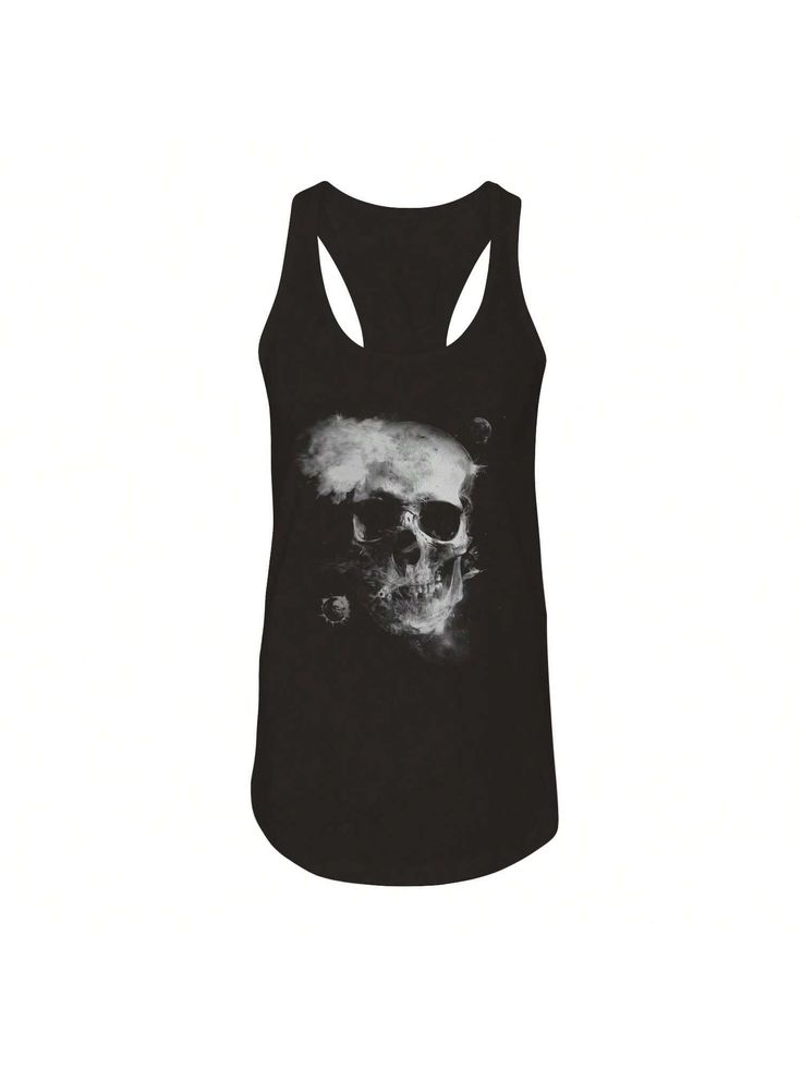 Black  Collar     Embellished   Women Clothing Black Graphic Tee Tank Top With Letter Print, Black Grunge Tank Top With Letter Print, Black Graphic Print Crew Neck Tank Top, Graphic Print Relaxed Fit Tank Top For Streetwear, Relaxed Fit Graphic Print Tank Top For Streetwear, Black Cotton Tank Top With Skull Print, Casual Halloween Skull Print Tank Top, Casual Black Skull Print Tank Top, Black Grunge Top With Sublimation Print