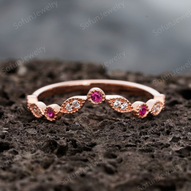 ITEM DESCRIPTION This ring is special for occasion as a gift for girlfriend and wife as anniversary gift, birthday gift, souvenir present. *Material: Sterling Silver 925 with Rose Gold Plated *Shank width: approx 1.5mm(bottom) *Accent Stone: 0.13 Carat 5A Cubic Zircon + lab created ruby *Channel Setting *Package: Gift box The stones of the ring can be replace with other different kinds of gemstone such as aquamarine, amethyst, citrine, white CZ, lab ruby, Sapphire etc. If you want to customize y Elegant Stackable Ruby Wedding Ring, Elegant Stackable Ruby Ring For Wedding, Stackable 14k Rose Gold Diamond Ring For Anniversary, 14k Rose Gold Stackable Diamond Ring For Anniversary, Rose Gold Stackable Anniversary Rings, Stackable 14k Rose Gold Jewelry For Anniversary, Ruby Half Eternity Jewelry Gift, 14k Rose Gold Rings With Bezel Setting For Anniversary, Wedding Rings In 14k Rose Gold With Bezel Setting