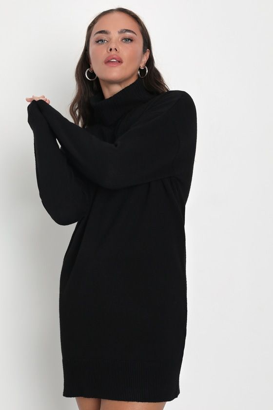 Pickup a warm bevvy and embrace the changing season in style with the Lulus Frosty Forecast Black Turtleneck Long Sleeve Sweater Dress! Ultra soft and cozy sweater knit shapes a chic turtleneck that flows into a contrasting, triangular ribbed knit detail. The relaxed silhouette is framed by long sleeves and ends at a flirty hem. Ribbed knit accents the cuffs and hem. Fit: This garment fits true to size. Length: Mid-thigh. Size medium measures 32" from shoulder to hem. Bust: Great for any cup siz Elegant Knit Turtleneck For Winter, Chic Black Funnel Neck Sweater, Cozy Black Turtleneck For Fall, Elegant Black Turtleneck For Fall, Chic Stretch Sweater Dress With Turtleneck, Elegant Soft Knit Long Sleeve Turtleneck, Elegant High Neck Sweater For Fall, Knitted High Neck Sweater Dress For Fall, Knitted Turtleneck Sweater Dress