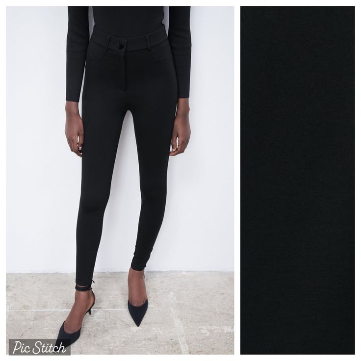 Nwt. Zara Black High-Waisted Leggings With False Front Pockets, Belt Loops, Front Zipper And Button Closure. Size M. Ref 4387/256. Waist 13,5" Flat, Rise 11,5", Inseam 26,5". Do1 Slim Fit High-waisted Elastane Bottoms, Trendy Black Stretch Pants, High Rise Slim Fit Black Bottoms, High Rise Black Slim Fit Bottoms, Fitted Black Ankle-length Pants, High Stretch Black Pants, High Rise Fitted Leggings With Wide Waistband, Fitted High-rise Elastane Leggings, Solid Color Fitted Elastane Bottoms