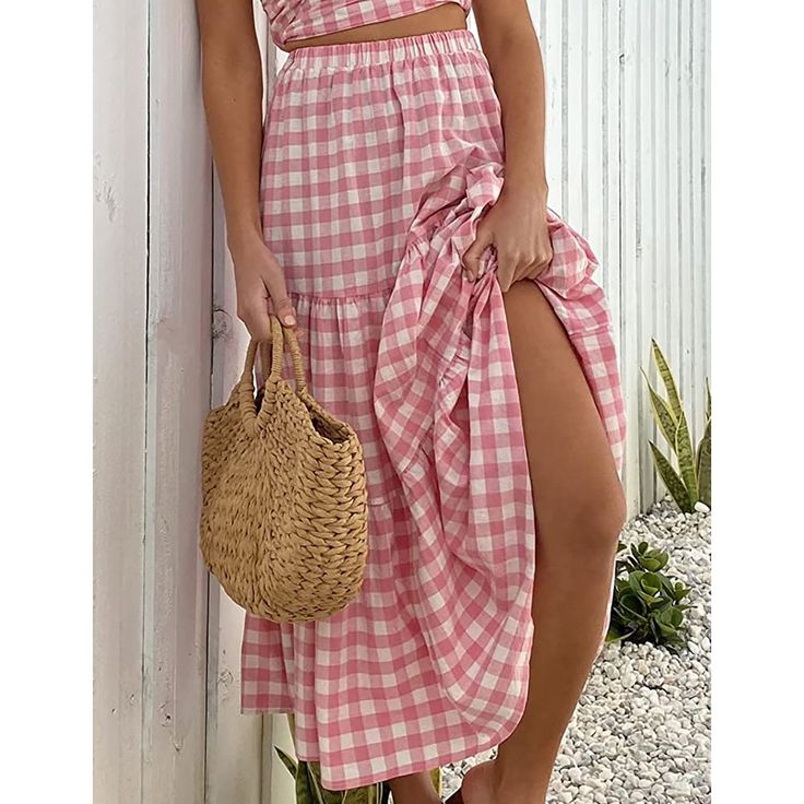 Pink Plaid Print Pocketed Maxi Skirt Summer Lined Skirt For Picnic, Summer Picnic Lined Skirt, Summer Tiered Skirt For Picnic, Casual Midi Skirt For Vacation, Chic Spring Picnic Skirt, Chic Skirt For Spring Picnic, Pink Maxi Skirt For Summer Brunch, Casual Tiered Skirt For Picnic, Casual Skirt For Picnic