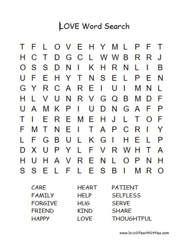 the word search for love word search is shown in black and white, with words below it