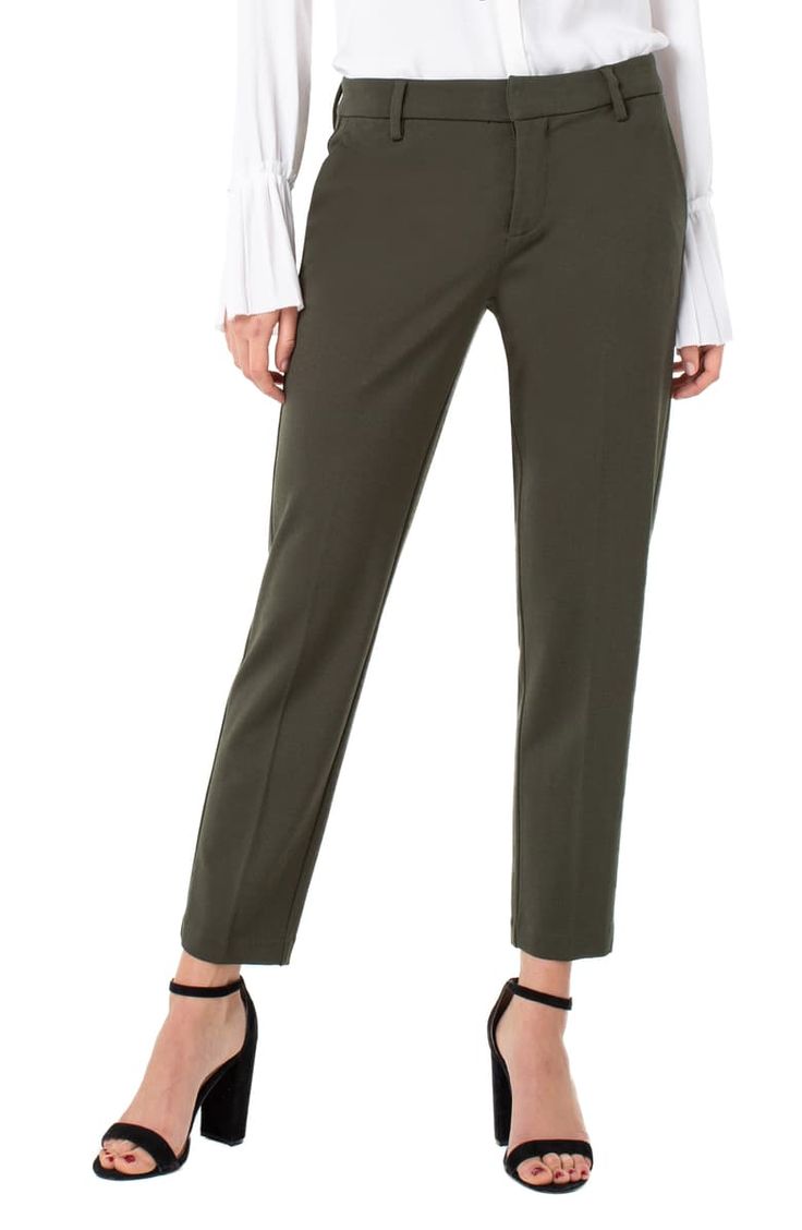 Liverpool Kelsey Knit Trousers - olive pants - great to wear with all of your tops, and cardigans (not the short green style), with printed shoes and pumps Knit Trousers, Liverpool Jeans, Slim Leg Pants, Olive Branch, Men Fits, Knit Pants, Casual Tee, Slim Legs, The Well