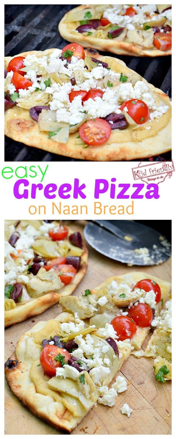 homemade greek pizza on naan bread with tomatoes, olives and feta cheese