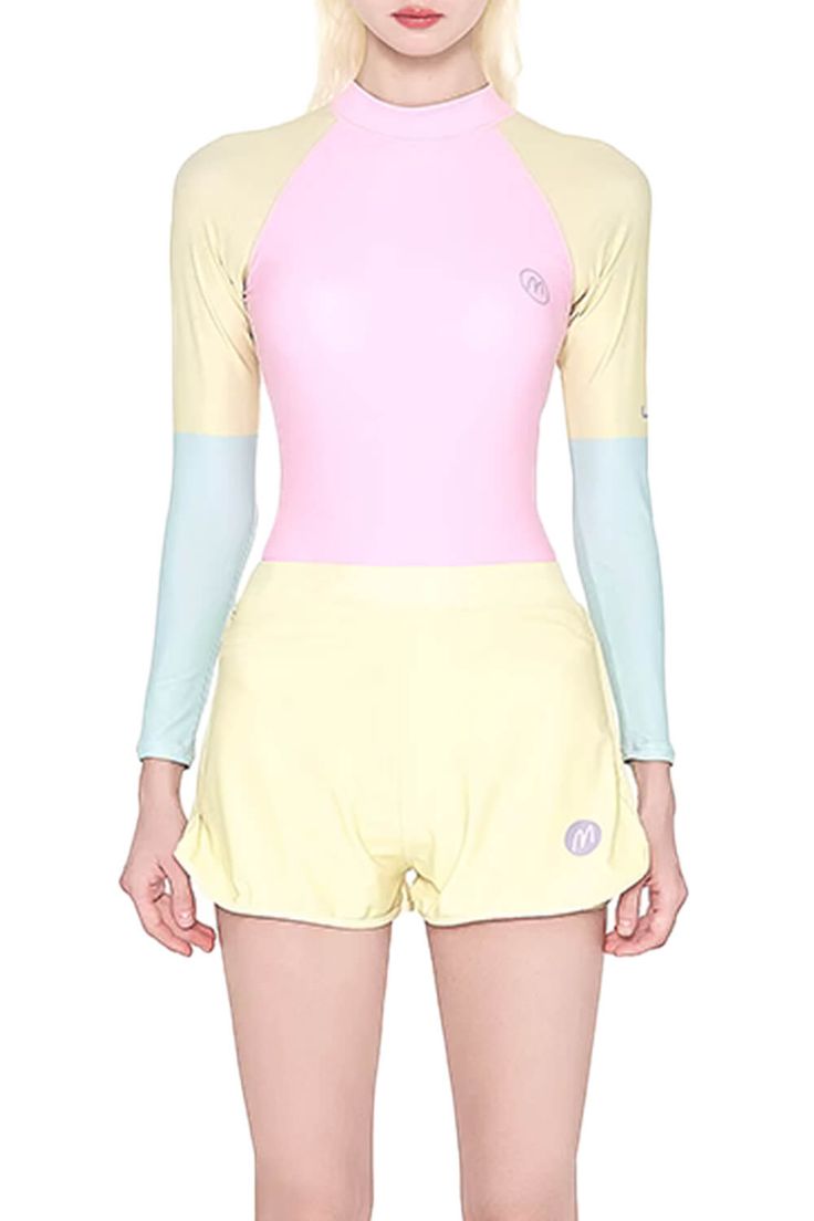 Pastel Yellow One Piece Swimsuit for Women Long Sleeve Yellow One Piece, Swimsuit For Women, Bodysuit Designs, Soft Girl Aesthetic, Long Sleeve Swimsuit, Surf Style, Yellow Shorts, Pastel Yellow, Soft Girl