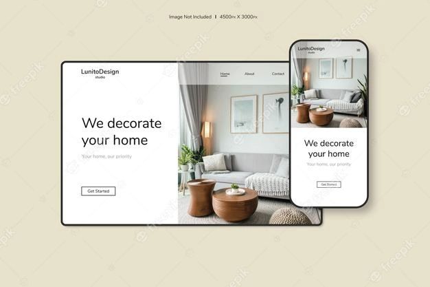 the homepage design is displayed on two different devices, one with an image of a living