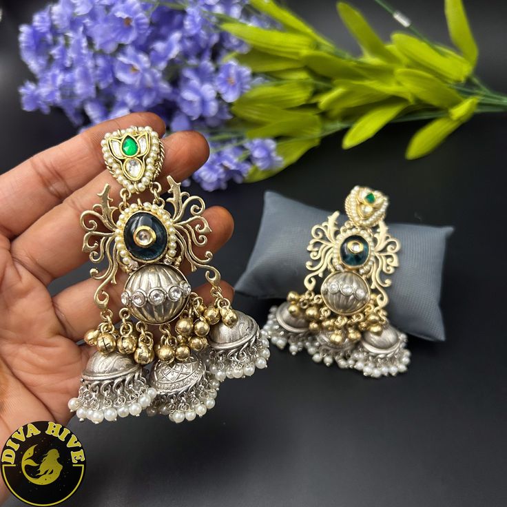 Zoha Earring - Earring -925Silver Ornate Gold Dual-tone Earrings, Ornate Metal Chandbali Jewelry, Silver Temple Jewelry Chandelier Earrings With Latkans, Elegant Metal Jhumkas With Intricate Design, Elegant Metal Chandbali Bridal Earrings, Elegant Chandbali Bridal Earrings In Metal, Elegant Metal Chandbalis With Intricate Design, Traditional Silver Teardrop Pearl Earrings, Festive Bridal Earrings With Intricate Metal Design