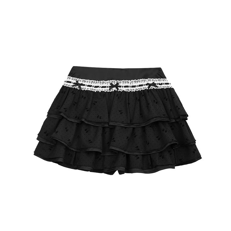 This black skirt features lace trim and a bow decoration at the waist, as well as a bowknot print design. The tiered skirt design adds depth and dimension to the overall look.  The price includes one skirt only.   	 		 			Size 			S 			M 			L 		 		 			Length 			33 			34 			35 		 		 			Waist 			64 			68 			72 Black Flowy Tiered Skirt, Elegant Tiered Bottoms With Elastic Waistband, Black Tiered Ruffle Bottoms, Black Tiered Bottoms For Spring, Elegant Tiered Black Bottoms, Chic Black Tiered Bottoms, Elegant Black Tiered Bottoms, Black Lace Trim Mini Skirt For Summer, Chic Tiered Mini Skirt With Lace Trim