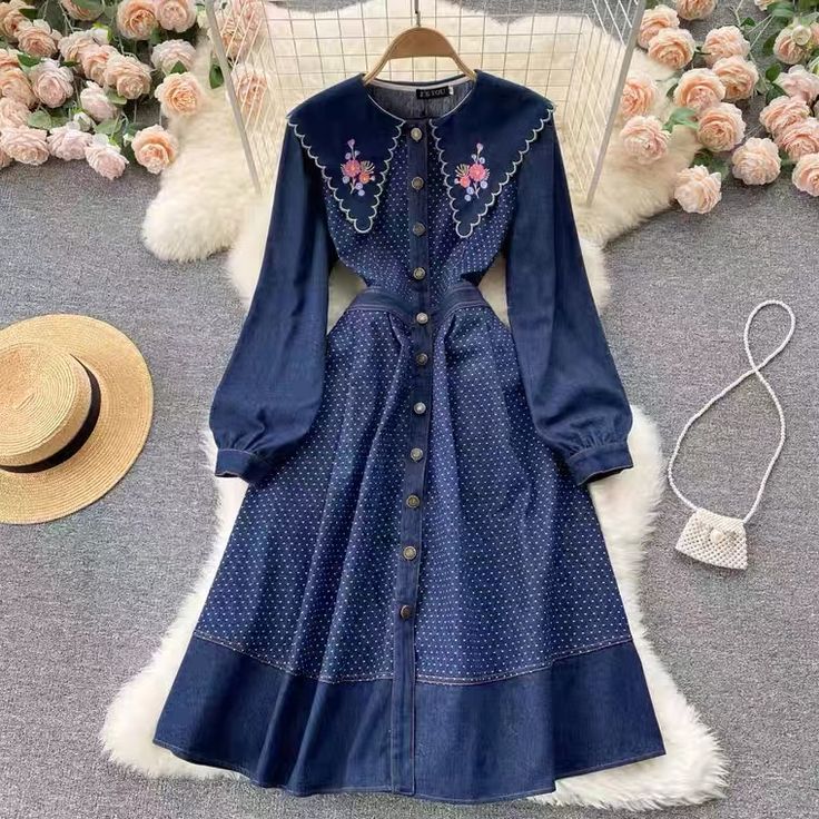 Vintage, heavy embroidery flowers, lapels, breasted denim dress, autumn /winter new high-waisted A-line dressMaterial:denimColor:blueStyle:vintageFeatures:embroidered flower,lapels,breastedSize(cm):M,L ,XL,2XL 1inch=2.54cm 1cm=0.39 inchM length 107 sleeve length 61 bust 92 shoulder 36 waist 74&ltp&gtL length 108 sleeve length 62 bust 96 shoulder 37 waist 78</p>&ltbr/>&ltp&gtXL length 109 sleeve length 63 bust 100 shoulder 38 waist 82</p>&ltbr/>&ltp&a Elegant Buttoned Cotton Denim Dress, Elegant Cotton Denim Dress With Buttons, Elegant Buttoned Denim Dress, Elegant Long Sleeve Denim Dress For Spring, Elegant Long Sleeve Denim Dress With Button Closure, Elegant Button-up Denim Dress For Spring, Denim Blue Buttoned Dress For Fall, Elegant Buttoned Denim Dress For Spring, Elegant Spring Denim Dress With Buttons