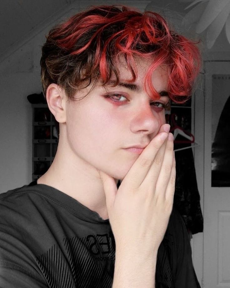 Emo Makeup For Guys, Edgy Hair Men, Guys With Red Hair Dyed, Emo Undercut, Guy Dyed Hair, Edgy Haircuts Men, Short Dyed Hair Men, Colorful Undercut, Guys Makeup