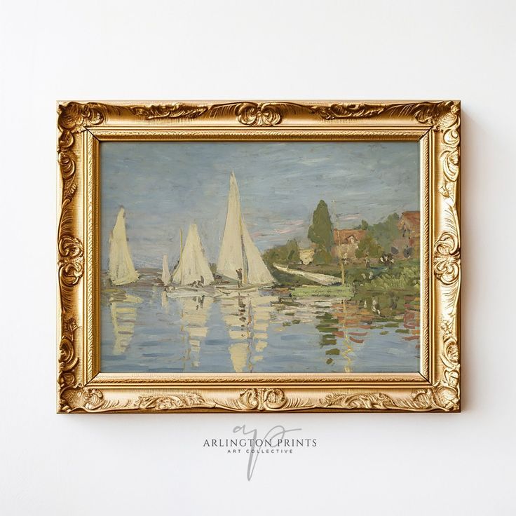 a painting hanging on the side of a wall next to a white wall with boats in it