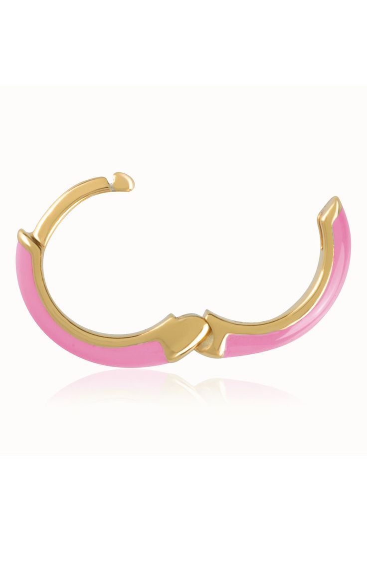 Easy-to-wear hoop earrings will add significant polish to even your most casual ensembles. 1/2" drop; 1/8" width Hinge with snap-post closure Sterling silver with goldtone plate/enamel Imported Trendy Gold Enamel Hoop Earrings, Hoop Huggie Earrings In Enamel, Pink Enamel Hoop Jewelry, Trendy Enamel Hoop Jewelry, Pink Enamel Hoop Earrings, Nickel-free Enamel Hoop Earrings, Gold Enamel Hoop Jewelry, Nickel Free Enamel Hoop Jewelry, Nickel-free Enamel Hoop Jewelry