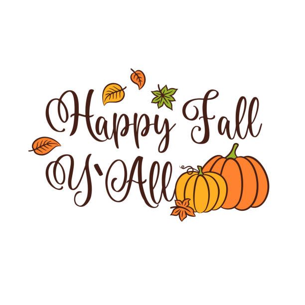 happy fall as all lettering with pumpkins and leaves