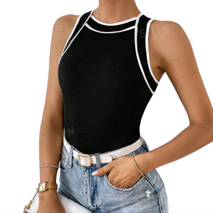 Black Tank Top With White Contrast Piping Spring Black Top With Contrast Trim, Black Tops With Stretch And Contrast Trim, Black Tops With Contrast Trim And Stretch, Black Tops With Contrast Trim And Stretch Fit, Fitted Black Top With Contrast Trim, Black Sleeveless Tops With Contrast Trim, Hippie Tops, Tops Black, Contrast Piping