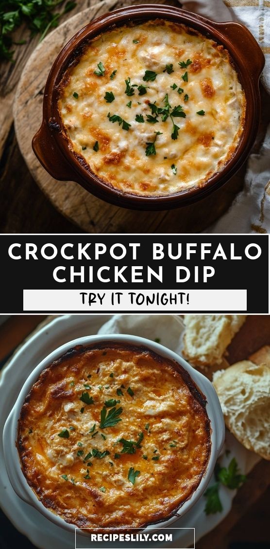 crockpot buffalo chicken dip with text overlay