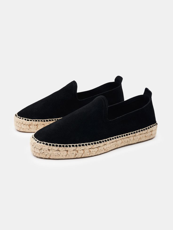 The Espadrille Black Suede Espadrille Slip-ons With Rubber Sole And Round Toe, Suede Slip-on Espadrilles With Stitched Sole, Slip-on Suede Espadrilles With Stitched Sole, Suede Slip-on Espadrilles With Woven Sole, Suede Espadrilles With Woven Sole And Slip-on Fit, Slip-on Suede Espadrilles With Woven Sole, Casual Suede Espadrilles With Contrast Sole, Suede Slip-on Espadrilles With Textured Sole, Suede Espadrilles With Woven Sole For Vacation