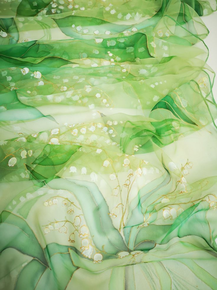 Glamourous Hand painted silk chiffon scarf - Lilies of The Valley in green. Beautiful wild flowers lovely laid out through all length long. This design Scarf is MADE TO ORDER and available in 2 SQUARE and 5 OBLONG sizes (with butterflies or without): 21*x21 inches (55x55cm)- Very small square. Can serve as a kerchief; wrist, head or bag band. 35*35 inches (90*90cm) -Possible various combinations of twisting on neck/chest. XS---59x15 inches (150x40 cm)- quite Small scarf. This size is good who li Elegant Green Scarves For Spring, Elegant Green Summer Scarves, Elegant Green Scarves For Summer, Green Dupatta For Wedding In Spring, Elegant Green Floral Silk Scarf, Elegant Green Floral Print Silk Scarf, Artistic Silk Scarves For Weddings, Artistic Silk Scarves For Wedding, Artistic Silk Wedding Scarves