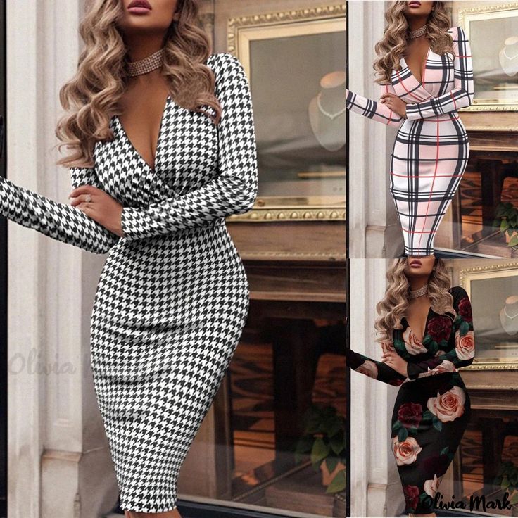 Olivia Mark - Seductive Long Sleeve Bodycon Dress with Floral Print Bodycon Dress Casual, Plus Size Art, Office Dresses For Women, Floral Bodycon, Printed Bodycon Dress, Long Sleeve Bodycon Dress, Club Dresses, Black Print, Types Of Skirts