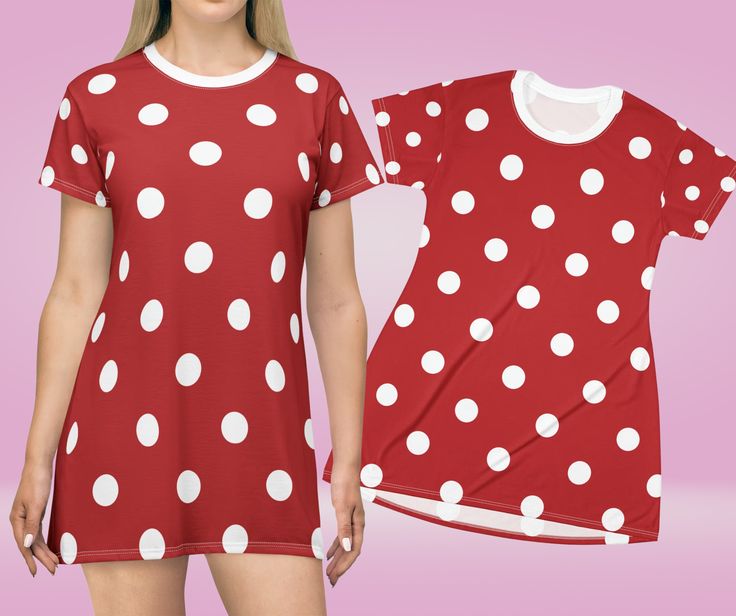 T-shirt dresses for women teenage girls, t shirt dress pattern casual cute, t shirt dress sewing pattern women's party festivities summer, t shirt dress with print summer beach spring teenage girl, t shirt dress women fun casual spring summer beach party, T-shirt dress casual outfit for women and girls. Retro red t-shirt dress with polka dots, red mini dress with kawaii polka dots, Retro Groovy Womens T-Shirt Dress, retro kawaii t shirt dress. 🔥About us This all-over print t-shirt dress is tag-free, custom cut and sewn to match every style. The fun prints will make this t-shirt dress a great piece. .: 100% polyester .: White thread color .: Lightweight fabric (6.0 oz/yd² (170 g/m .: Without label .: Runs true to size. .: Assembled in the USA from parts sourced around the world. 👉Key feat Cotton T-shirt With Polka Dot Pattern And Short Sleeves, Polka Dot Cotton T-shirt With Short Sleeves, Pink Playful Short Sleeve Mini Dress, Pink Playful Mini Dress With Short Sleeves, Playful Pink Mini Dress With Short Sleeves, Cotton Dresses With Graphic Print In Cute Style, Polka Dot Mini Dress With Short Sleeves, Casual Polka Dot Short Sleeve Dress, Trendy Cotton Mini Dress With Short Sleeves