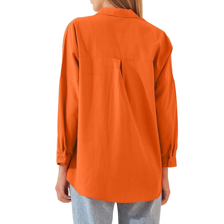 Orange Solid Cotton Button Long Sleeve Shirt Plain Collared Tops For Fall, Fall Plain Collared Tops, Collared Plain Tops For Fall, Casual Tops With Button Closure And Lapel Collar, Casual Plain Button-up Blouse, Casual Plain Office Blouse, Solid Shirt With Casual Collar For Fall, Casual Plain Collared Blouse, Casual Collared Plain Blouse