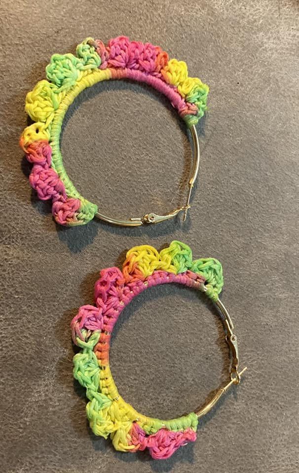 Crochet Hoop Earrings Handmade Casual Hoop Jewelry, Multicolor Beaded Hoop Earrings For Beach, Adjustable Multicolor Hoop Earrings, Handmade Summer Hoop Earrings, Handmade Hoop Earrings For Summer, Casual Handmade Hoop Earrings For Beach, Casual Beach Hoop Jewelry, Casual Hoop Jewelry For The Beach, Casual Adjustable Small Hoop Earrings