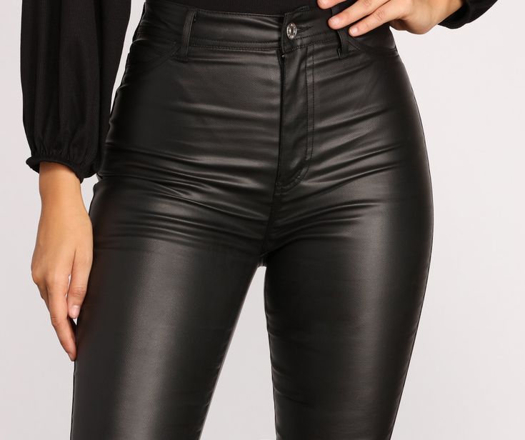 Oooo girl. you'll have those edgy chic vibes in these must have coated skinny pants! Pair with some heels to elevate your look or dress it down with some casual sneaks.Fit & Features High rise waist Belt loops Two faux front pockets | Two back pockets Form hugging fit Coated faux leather fabric Moderate stretch Trendy Leather Pants For Fall Night Out, Sleek Leather Pants For Going Out, Sleek Faux Leather Bottoms For Spring, Trendy High-rise Faux Leather Bottoms, Edgy High Rise Stretch Leather Pants, High Rise Stretch Leather Pants Edgy Style, Trendy Faux Leather Pants For Date Night, Sleek High Waist Leather Pants For Spring, Trendy High-waisted Leather Pants For Spring