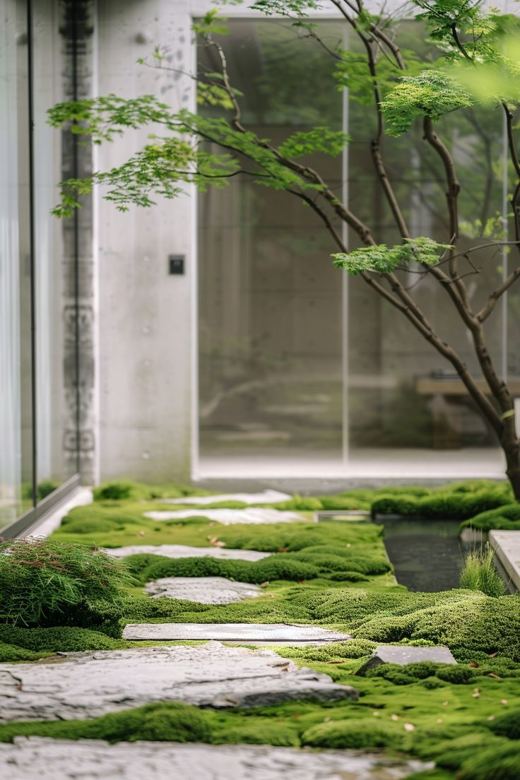 moss growing on the ground in front of a building with trees and glass doors behind it