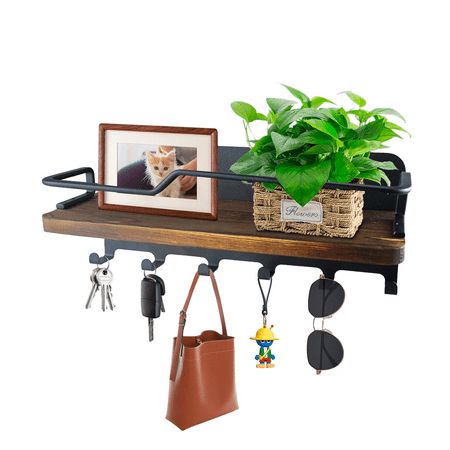 a potted plant is hanging from a shelf with key hooks and a purse on it