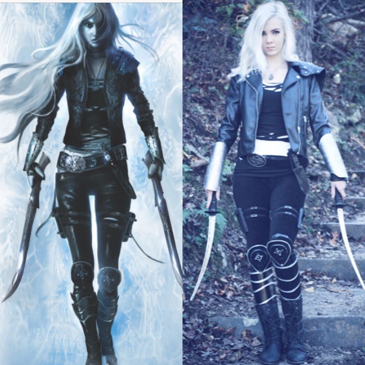 two pictures of the same woman in different outfits, one is wearing black and the other has white hair