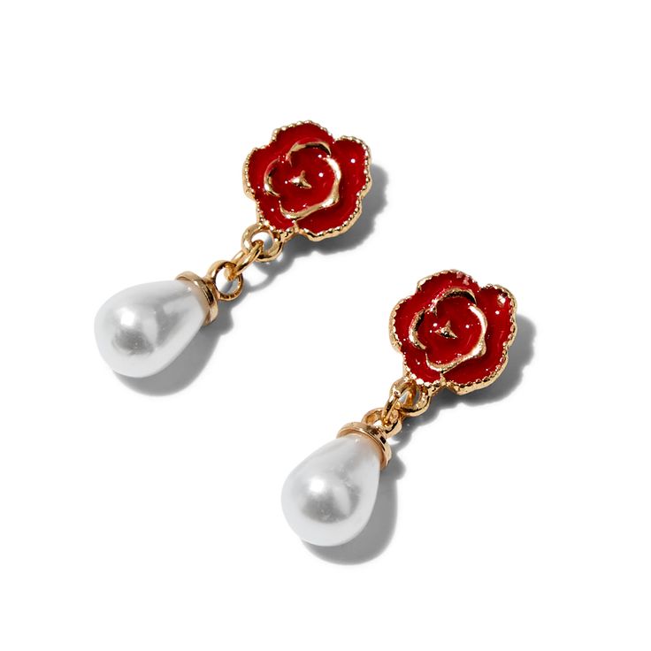 Roses and pearls... it just doesn't get more classic or elegant than this pairing! These lovely gold-tone drops have a dainty sculpted-look red rose on top and a teardrop-shaped faux pearl on bottom. They'll be your new go-to earrings for fancy occasions. Finish: Gold-toneDrop: 1 in. / 2.54 cm.Closure: Post back Primary Material: Metal - Claire's Sculpted Rose & Teardrop Pearl 1" Drop Earrings Roses And Pearls, Claires Earrings, Fashionable Jewelry, Yellow Earrings, Red And Yellow, Jewelry And Accessories, Rose Earrings, Descendants, Red Rose