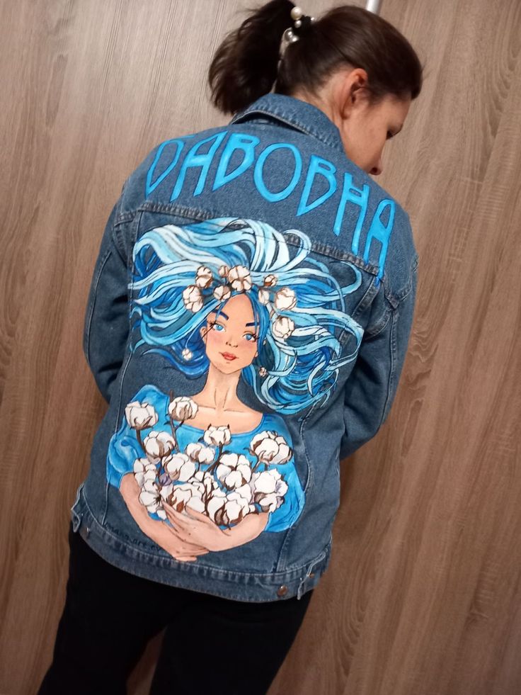 Hand-painted clothes to order (jackets, jackets, denim jackets, etc.) Artsy Long Sleeve Cotton Denim Jacket, Custom Artwork Long Sleeve Cotton Denim Jacket, Long Sleeve Cotton Denim Jacket With Custom Artwork, Casual Blue Denim Jacket With Custom Artwork, Hand Painted Cotton Denim Jacket For Winter, Artistic Long Sleeve Cotton Denim Jacket, Blue Denim Jacket With Custom Artwork For Spring, Artistic Hand Painted Denim Jacket For Fall, Custom Artwork Long Sleeve Denim Jacket For Fall