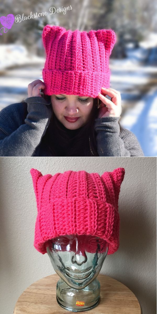 a woman wearing a pink knitted cat hat with ears on top and below it