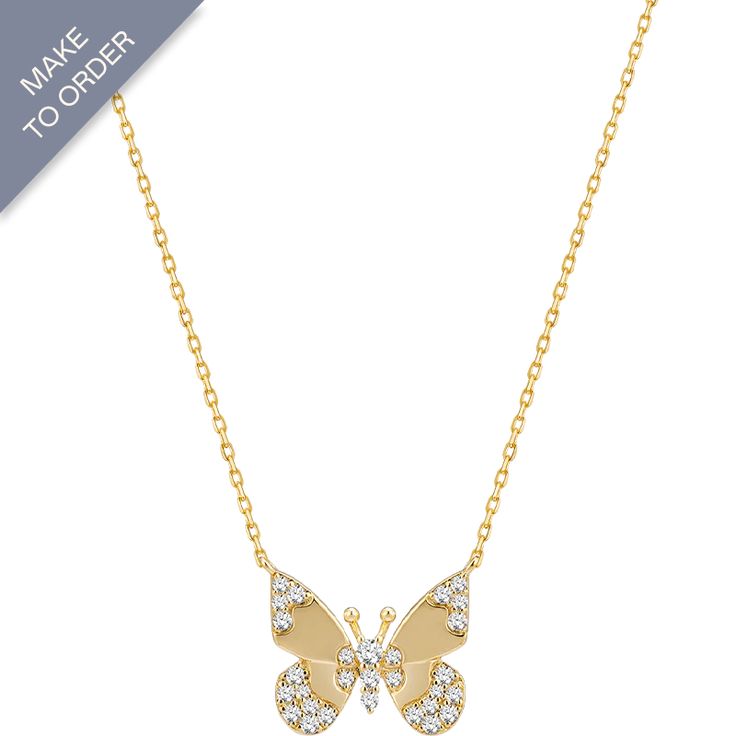 Butterfly Diamond Necklace 18K gold Formal Yellow Gold Chain Necklace With Cubic Zirconia, Formal Gold Diamond Necklace With Pave Setting, 14k Gold Fine Jewelry Chain Necklace With Diamond Accents, 14k Gold Chain Necklace With Diamond Accents, Luxury Yellow Gold Chain Necklace With Brilliant Cut, Diamond Pendant Chain Necklace With Diamond Accents, Diamond Pendant Chain Necklace With Accents, Gold Plated Pave Setting Necklace For Gift, Gold Plated Necklaces With Pave Setting For Gift