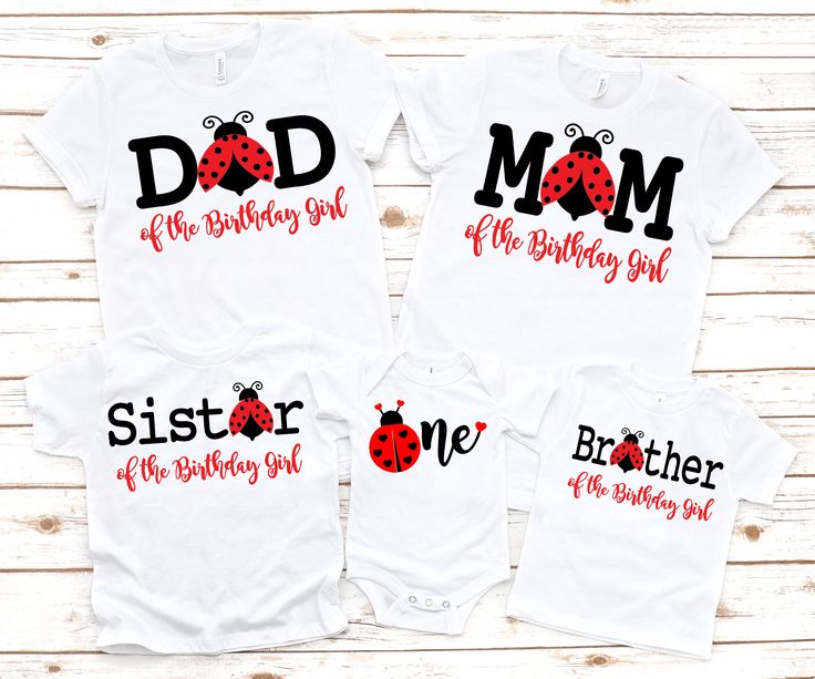 three matching ladybug shirts with the words, mom and daughter on them in red