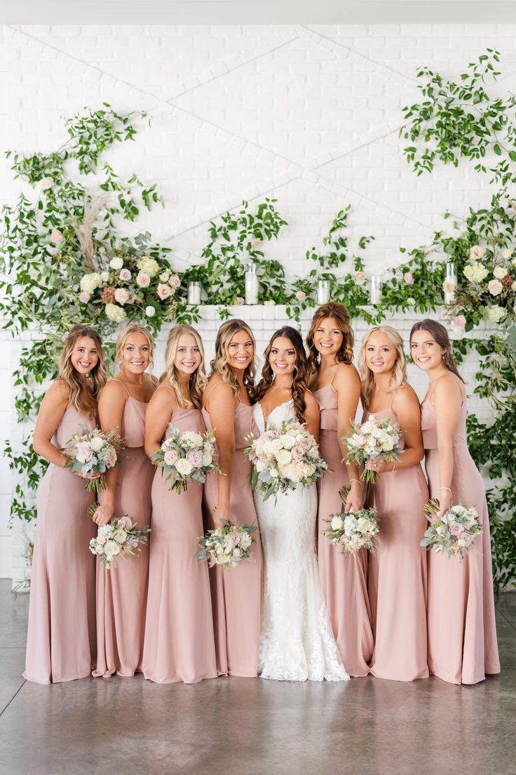 Blush bridesmaid dresses with white and green florals Blush Pink Bridesmaids, Blush Bridesmaids, Pink Wedding Theme, Bridesmaid Colors, Blush Bridesmaid Dresses, Blush Pink Weddings, Pink Bridesmaid Dresses, Bridesmaid Dress Colors, Dream Wedding Ideas Dresses