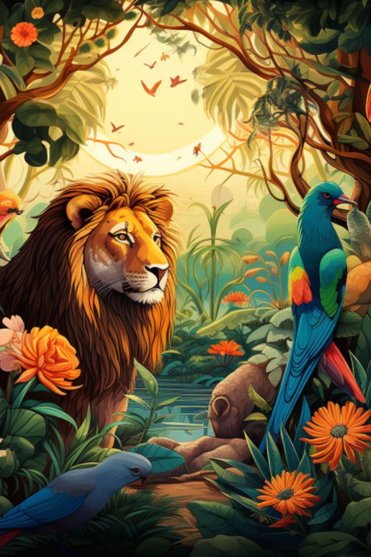 the lion and the bird are in the jungle