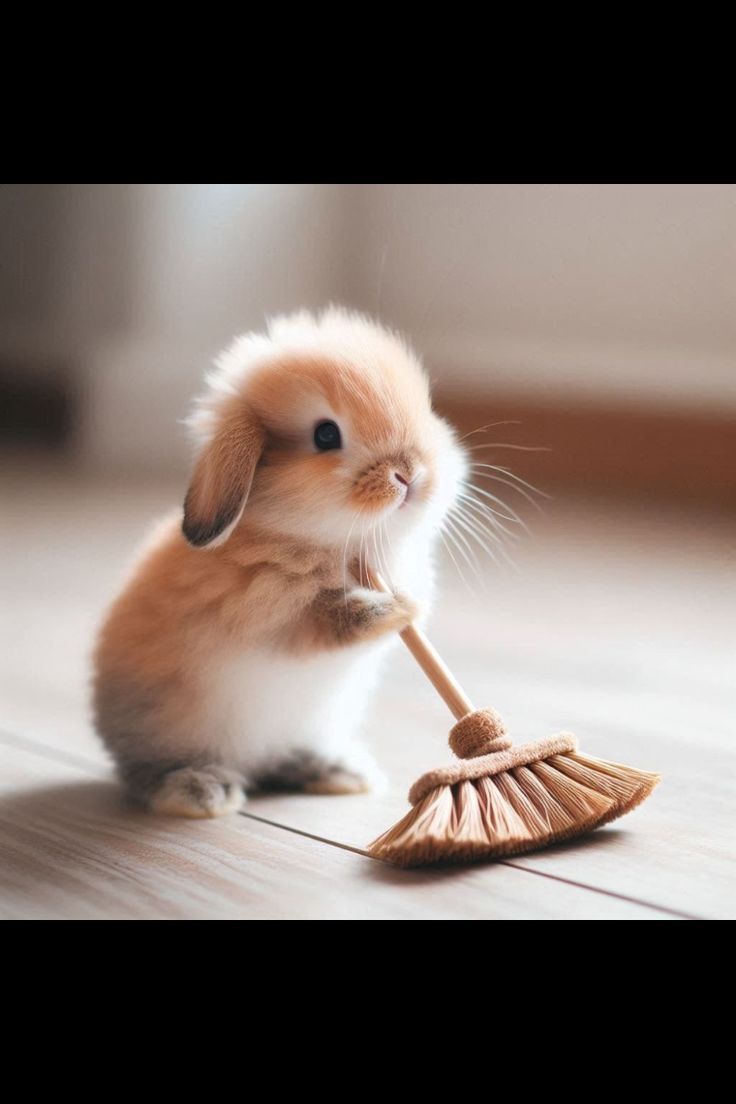 a small rabbit sitting on the floor with a broom