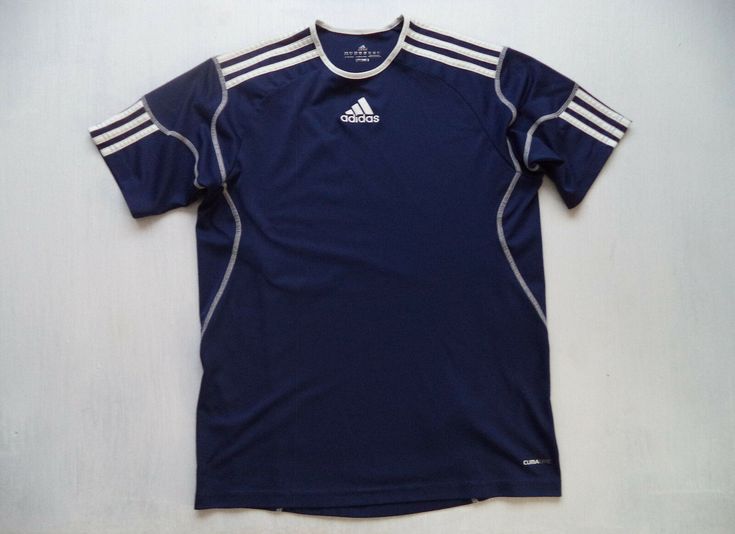 Womens Adidas fitness shirt  - Sz L 3 stripe trim pattern 100% polyester chest pit to pit - 18" (check your measurements - hard to read this label M or L) color: navy blue *pre-owned - near excellent condition Visit our eBay Store: One Maine Guy Sports Sporty T-shirt With Three Stripes For Sports, Functional Running Activewear With Three Stripes, Short Sleeve Activewear With Three Stripes For Workout, Sportswear T-shirt With Three Stripes For Workout, Adidas Three Stripes Tops For Gym, Athletic Fit Three-stripe Activewear For Sports Events, Adidas Sportswear T-shirt For Training, Sporty Go-dry T-shirt For Sports Events, Adidas Training Tops With Three Stripes