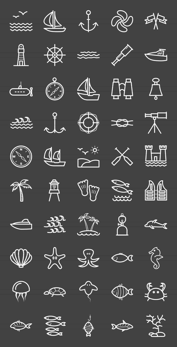 a large set of hand drawn icons on a dark background, including ships and boats