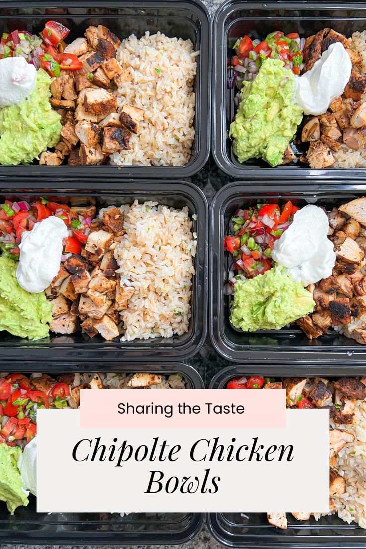 six plastic containers filled with chicken, rice and guacamole on top of each other