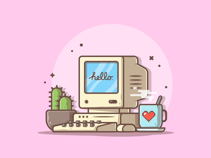 an old computer with the word hello on it next to a cactus and coffee mug