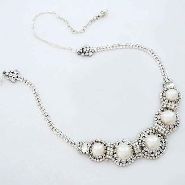 Old Hollywood Crystal & Pearl Statement Necklace ~ Erin Cole Couture Bridal Jewelry. Round pale ivory pearls rest in  ornate round crystal settings creating a statement bridal necklace with Old Hollywood glamour. $415 Crystal Wedding Necklace, Bridal Necklaces, Bridal Statement Necklace, Bridal Pearl Necklace, Pearl Statement Necklace, Pearl Bridal Jewelry, Couture Bridal, Roaring 20s, Accessories Diy Jewelry