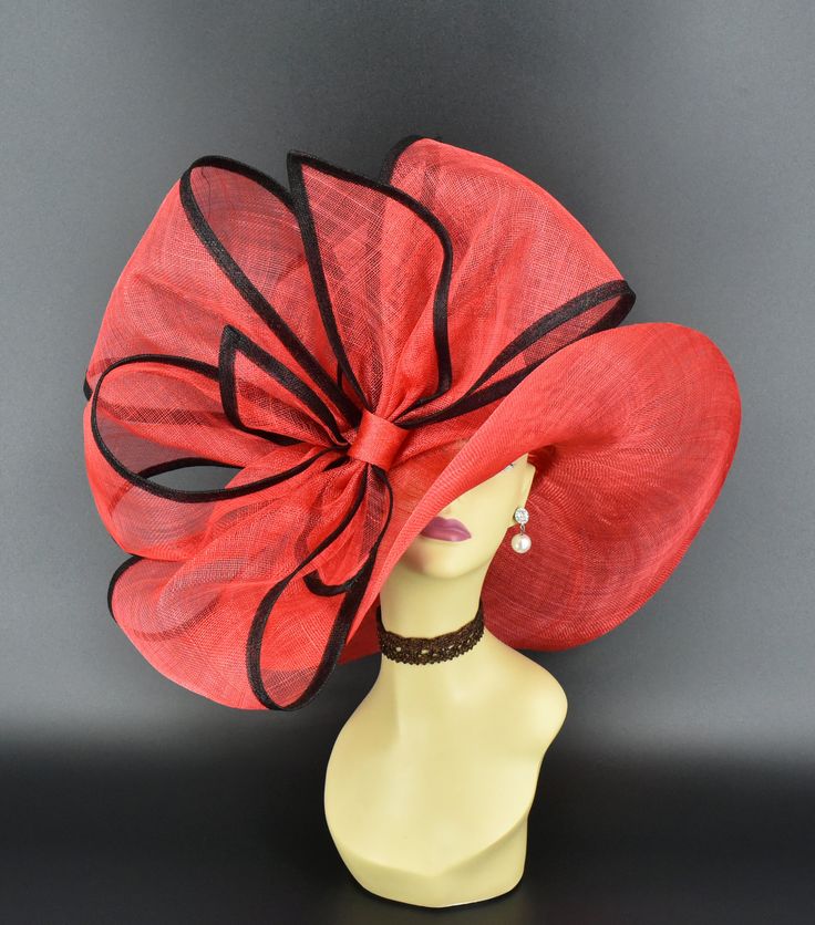 "✿*.Key Features: This red color has orange shade. 100% high quality Sinamay woven material, wide brim with Jumbo bows. It's more beautiful in person! Light and comfortable! Great for Kentucky derby, weddings, Royal Ascot, horse races, cocktails, tea party, or any hat wearing occasion. Hat base size: From front to back appr: 20.5\" (52cm) From left to right appr: 21.25\" (54cm) Wide brim Appr: 7~8\" Head girth: 22.5\" (57cm) , adjustable string inside to make smaller to fit your head. If you wan Red Fedora Hat For Formal Occasions, Red Formal Fedora Hat, Red Brimmed Sun Hat For Party, Red Brimmed Hat For Church, Red Brimmed Fascinator For Church, Red Mini Hat With High Crown For Party, Red Brimmed Church Hat, Red Wide Brim Costume Hat For Church, Red Short Brim Hats For Church