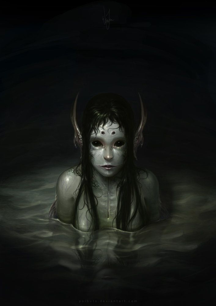 a woman in the water with horns on her head and white paint on her face