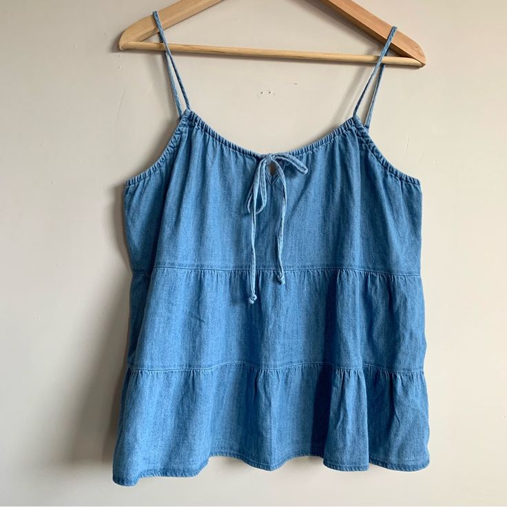 Women’s Spaghetti Strap Tiered Blue Cami Size M Old Navy New With Tag Adjustable Straps Loose Fit Tiered Blue Cami Camisole For Day Out, Casual Beach Camisole With Tie Straps, Casual Denim Spaghetti Strap Top, Casual Denim Top With Spaghetti Straps, Casual Cotton Tops With Tie Straps, Blue Camisole For Day Out, Blue Cotton Spaghetti Strap Tops, Casual Tops With Adjustable Straps, Blue Spaghetti Strap Camisole For Day Out