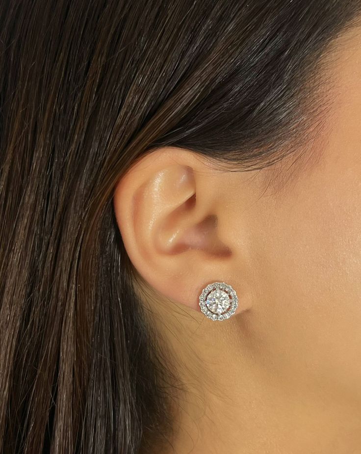 Meet our Moissanite Halo Stud Earrings with Removable Jackets. Elevate your style effortlessly with their versatile design. Wear as classic studs or add the jacket for extra sparkle and flair, transforming the look with a halo effect that enhances the appearance of the diamond stud. Gemstone: Moissanite Origin: Lab Grown Stone Size: 1 CT x2 / 1.5 CT x2 Dimensions: 1 CT - 6.5 mm / 1.5 CT - 7.5 mm Solid 925 Sterling Silver Vermeil: 14k Gold  Color: D (Colorless) Clarity: VVS1 Solitaire Earrings With Jacket, Dazzling Round Cut Cluster Earrings, Dazzling Cluster Earrings, Dazzling Halo Earrings, Classic Cluster Earrings With Diamond Accents, Diamond Earring Jackets, Halo Diamond Earrings, Halo Stud Earrings, Studded Jacket