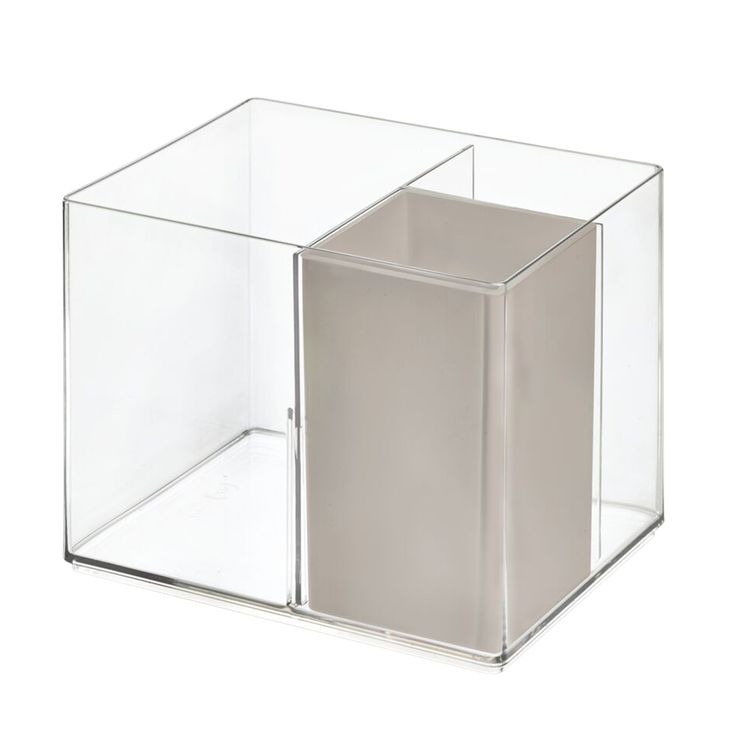 a clear box with a square opening on the front and bottom, is shown against a white background