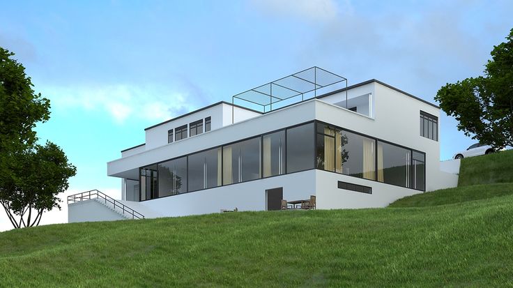 an artist's rendering of a modern house on a hill with trees in the foreground