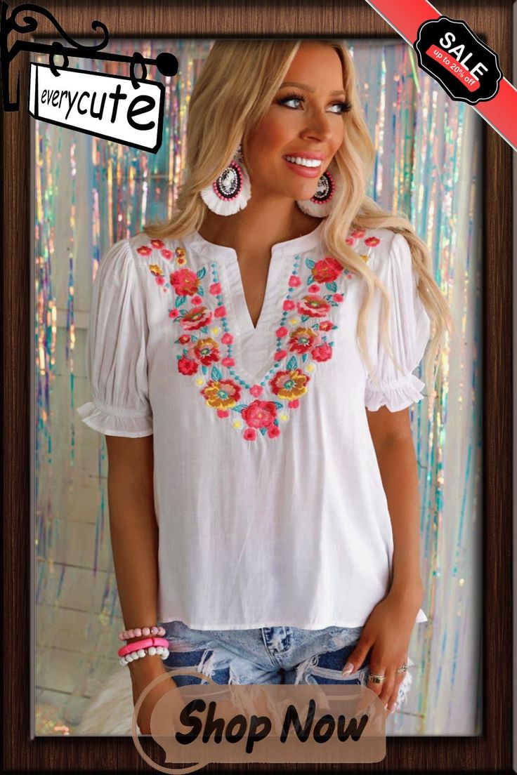 White Floral Embroidered Ruffled Puff Sleeve Blouse White Puff Sleeve Top With Floral Embroidery, Summer Floral Embroidered Puff Sleeve Tops, Summer Puff Sleeve Tops With Floral Embroidery, Summer Puff Sleeve Top With Floral Embroidery, Summer Floral Embroidery Puff Sleeve Tops, White Puff Sleeve Embroidered Top For Summer, Spring Embroidered Ruffle Sleeve Blouse, Embroidered Ruffle Sleeve Summer Tops, Chic Embroidered Ruffle Top For Summer